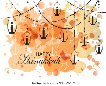 Flat design style Happy Hanukkah logotype, badge and icon typography. Lettering of jewish holiday logo template. Card template. Calligraphy banner, flyer on textured background