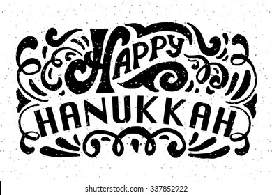 Flat design style Happy Hanukkah logotype, badge and icon typography. Lettering of jewish holiday logo template. Card template. Calligraphy banner, flyer on textured background
