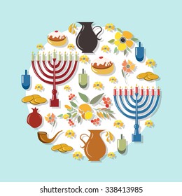 Flat design style Happy Hanukkah logotype, badge and icon typography. Lettering of jewish holiday logo template. Card template. Calligraphy banner, flyer on textured background