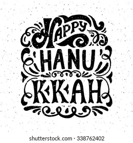 Flat design style Happy Hanukkah logotype, badge and icon typography. Lettering of jewish holiday logo template. Lettering card template. Calligraphy banner, flyer on textured background