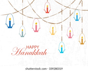Flat design style Happy Hanukkah logotype, badge and icon typography. Lettering of jewish holiday logo template. Card template. Calligraphy banner, flyer on textured background