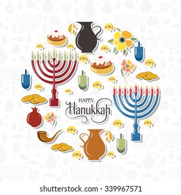 Flat design style Happy Hanukkah logotype, badge and icon typography. Lettering of jewish holiday logo template. Lettering card template. Calligraphy banner, flyer on textured background