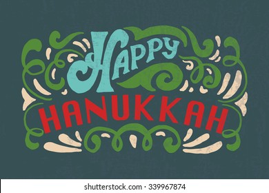 Flat design style Happy Hanukkah logotype, badge and icon typography. Lettering of jewish holiday logo template. Lettering card template. Calligraphy banner, flyer on textured background