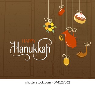 Flat design style Happy Hanukkah logotype, badge and icon typography.  Jewish holiday logo template. Lettering card template. Calligraphy banner, flyer on textured background