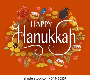Flat design style Happy Hanukkah logotype, badge and icon typography. Lettering of jewish holiday logo template. Card template. Calligraphy banner, flyer on textured background