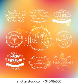 Flat design style Happy Hanukkah logotype, badge and icon typography. Lettering of jewish holiday logo template. Card template set. Calligraphy banner, flyer on textured background