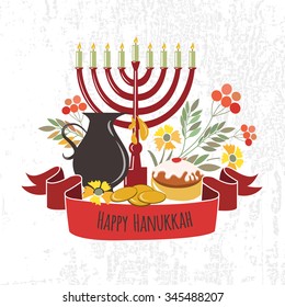 Flat design style Happy Hanukkah logotype, badge and icon typography. Lettering of jewish holiday logo template. Card template. Calligraphy banner, flyer on textured background