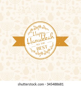 Flat design style Happy Hanukkah logotype, badge and icon typography. Lettering of jewish holiday logo template. Card template. Calligraphy banner, flyer on textured background