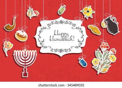 Flat design style Happy Hanukkah logotype, badge and icon typography. Lettering of jewish holiday logo template. Card template. Calligraphy banner, flyer on textured background