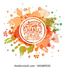 Flat design style Happy Hanukkah logotype, badge and icon typography. Lettering of jewish holiday logo template.  card template. Calligraphy banner, flyer on textured background