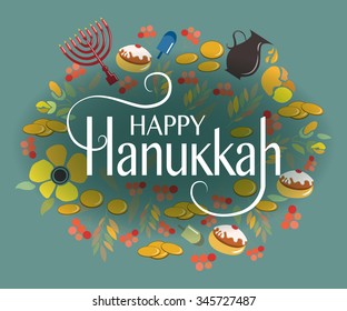 Flat design style Happy Hanukkah logotype, badge and icon typography. Lettering of jewish holiday logo template. Card template. Calligraphy banner, flyer on textured background