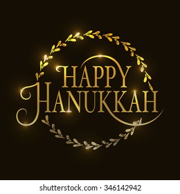 Flat design style Happy Hanukkah logotype, badge and icon typography. Lettering of jewish holiday logo template.  card template. Calligraphy banner, flyer on textured background