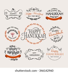 Flat design style Happy Hanukkah logotype, badge and icon typography. Lettering of jewish holiday logo template.  Calligraphy banner, flyer on textured background