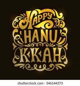 Flat design style Happy Hanukkah logotype, badge and icon typography. Lettering of jewish holiday logo template. Card template. Calligraphy banner, flyer on textured background