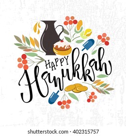 Flat design style Happy Hanukkah logotype, badge and icon typography. Lettering of jewish holiday logo template. Lettering card template. Calligraphy banner, flyer on textured background