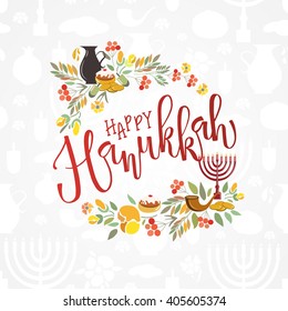 Flat design style Happy Hanukkah logotype, badge and icon typography. Lettering of jewish holiday logo template. card template. Calligraphy banner, flyer on textured background