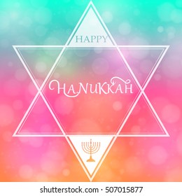 Flat design style Happy Hanukkah. Lettering of happy Hanukkah.  Colorful bright bokeh background. Design template for card, banner, flyer, poster. Vector illustration.