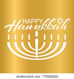 Flat design style Happy Hanukkah logotype, badge and icon typography. Lettering of jewish holiday logo template. Lettering card template with 
golden background. Calligraphy banner, flyer. 