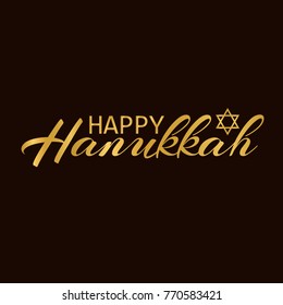 Flat design style Happy Hanukkah logotype, icon typography. Lettering of jewish holiday logo template. Lettering card template with 
a dark background, golden letters. Calligraphy banner, flyer.Vector