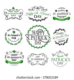 Flat design style Happy St. Patrick's Day logotype, badge and icon set. Vector illustration of irish postcard, card. Hand sketched Irish celebration design. Beer festival lettering typography