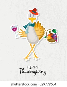 Flat design style Happy Thanksgiving Day background with hipster turkey bird, wine and fruit basket. Thanksgiving icon, logotype or badge. Сard template.