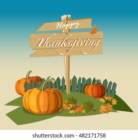 Flat Design Style. Happy Thanksgiving Day. Wooden Sign. Autumn