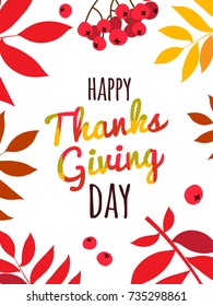 Flat design style Happy Thanksgiving Day typography poster. Happy Thanksgiving Day greeting card template, banner, flyer. Skottish plaid tartan pattern lettering. Autumn fall leaves berries