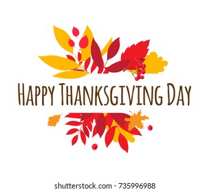 Flat Design Style Happy Thanksgiving Day Typography Poster. Happy Thanksgiving Day Lettering Greeting Card Template, Banner, Flyer. Autumn Fall Leaves Berries Frame, Border