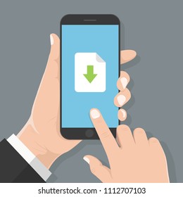 Flat design style human hand  holding smartphone with Document download Symbol on the screen.vector design element illustration