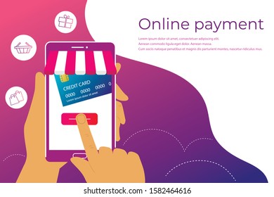 Flat design style Human hand holding smartphone with online store app and credit card icons for online payments