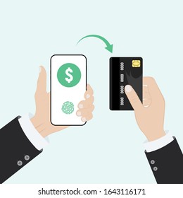 Flat Design style Human hand holding smartphone with credit card, vector design