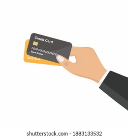 Flat Design Stil menschliche Hand halten mit Kreditkarte. Shopping und Bezahlen mit bargeldlos. Bezahlen Sie Händler in Cartoon-Charakter. Unternehmensfinanzierung Vektordesign-Element einzeln auf weißem Hintergrund