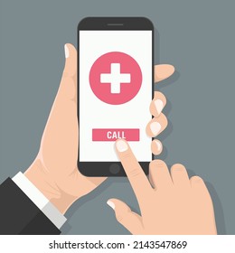 Flaches Design menschliche Hand, die Smartphone mit Anruf zum Krankenhaussymbol auf dem Bildschirm hält.Vektordesign-Element-Illustration	