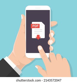 Flat design style human hand holding smartphone with pdf document download  symbol on the screen.vector design element illustration	