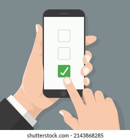 Flat design style human hand holding smartphone with Voting symbol on the screen.vector design element illustration	