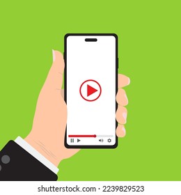 Flat Design style Human hand holding Smartphone with online media player app on screen ,vector design Element illustration isolate on green background.