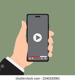 Flat Design style Human hand holding Smartphone with online media player app on screen ,vector design Element illustration isolate on green background.