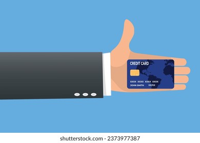 Flat Design style human hand holding with credit card, isolated on blue background, vector element illustration