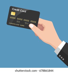 Flat Design style Human hand holding with credit card ,isolate on blue background ,vector design Element illustration