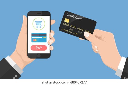 Flat Design style Human hand holding smartphone with online shopping app and credit card, vector design Element illustration