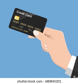 Flat Design style Human hand holding with credit card ,isolate on blue background ,vector design Element illustration