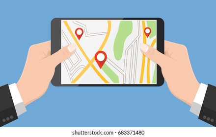 Flat design style human hand  holding smartphone or tablet with map app on the screen , vector design element illustration
