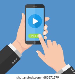 Flat Design style Human hand holding Smartphone with online media player app on screen ,vector design Element illustration isolate on blue background