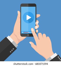 Flat Design style Human hand holding Smartphone with online media player app on screen ,vector design Element illustration isolate on blue background