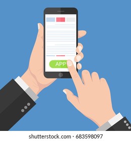 Flat Design style Human hand holding Smartphone with online  app on screen ,vector design Element illustration isolate on blue background