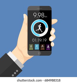 Flat design style human hand holding smartphone with activity  app in the display, vector design element illustration