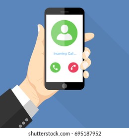 Flat Design style human hand holding the smartphone with incoming call on screen, vector design element 