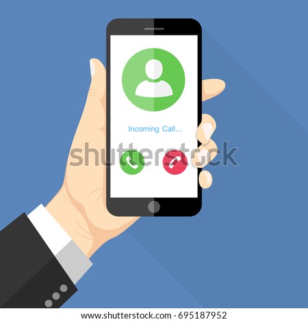 Flat Design style human hand holding the smartphone with incoming call on screen, vector design element 