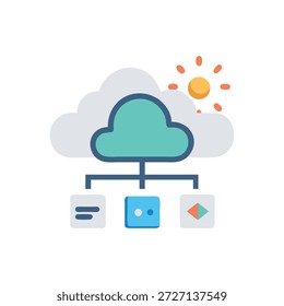 Icono de estilo de diseño plano que representa el almacenamiento de red en la nube conectado a otras fuentes. Representa la conexión en estilo ligero y simple.