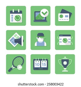 Flat design style icons collection of playing tennis, holding tennis tournament,  tennis equipment.  Square flat icons with rounded corners isolated on white background